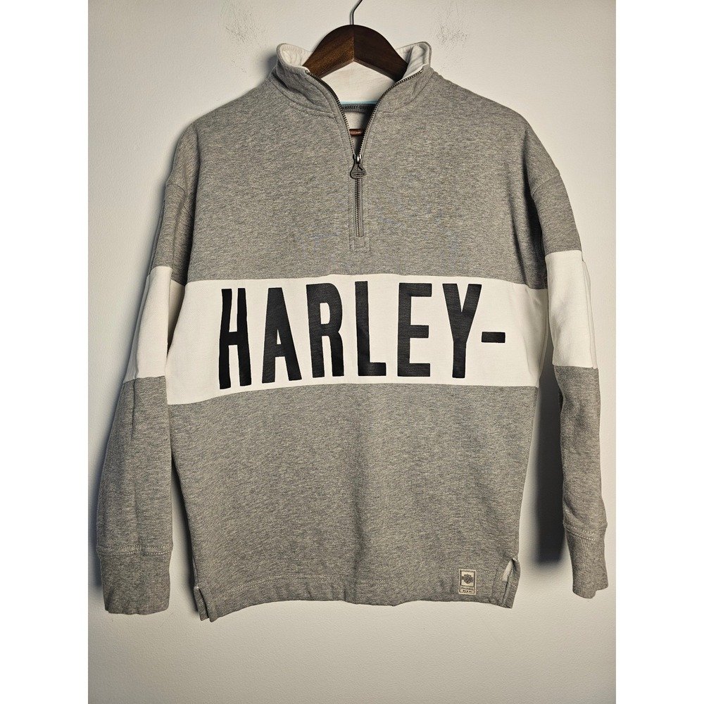 Biker Harley-Davidson Quarter-Zip sweatshirt womens L Gray Graphic Block Logo - Picture 1 of 8